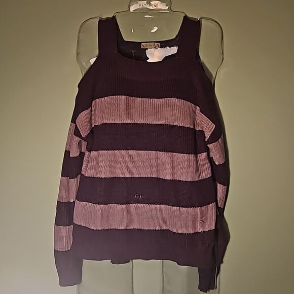 Its Our Time Womens Small Purple Striped Cold Shoulder Sweater Cozy Small Snag - Picture 2 of 7